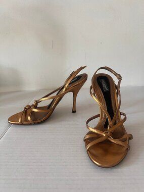 Y2K VINTAGE DOLCE & GABBANA BRONZE METALLIC STRAPPY SEXY HEEL SHOES SZ 35.5